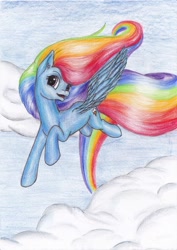 Size: 2484x3508 | Tagged: safe, artist:ekaterina07, imported from derpibooru, rainbow dash, pony, alternate hairstyle, butt wings, cloud, female, flying, rainbow trail, solo, traditional art