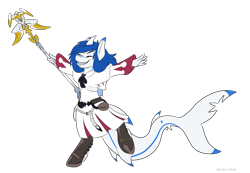 Size: 1024x710 | Tagged: safe, artist:celestialoddity, artist:mamachubs, imported from derpibooru, oc, oc only, oc:prince nova, anthro, original species, shark, shark pony, unguligrade anthro, solo, white mage