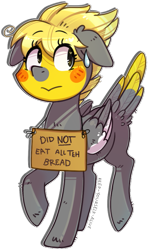 Size: 511x866 | Tagged: safe, artist:kyaokay, imported from derpibooru, oc, oc only, bird pone, bread, food, lying, sign, simple background, solo, transparent background