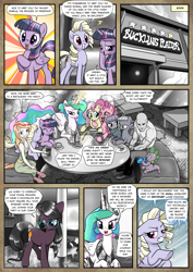 Size: 1363x1920 | Tagged: safe, artist:pencils, imported from derpibooru, fluttershy, limestone pie, maud pie, pinkie pie, princess celestia, rainbow dash, rarity, spike, twilight sparkle, oc, oc:anon, oc:fannie noveau, oc:mascara maroon, oc:moonglow twinkle, alicorn, dragon, earth pony, human, pegasus, pony, satyr, unicorn, comic:anon's pie adventure, cake, cakelestia, cider, comic, eating, female, food, glasses, human male, intolerance, male, mane six, mare, monochrome, neo noir, noodle incident, pain star, partial color, tail bow, twilight sparkle (alicorn)