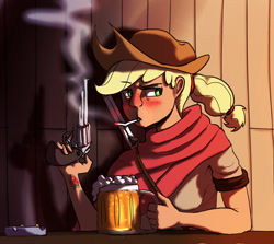 Size: 1280x1144 | Tagged: safe, artist:crade, imported from derpibooru, applejack, human, alcohol, ashtray, beer, cider, cigarette, cowgirl, female, gun, humanized, smoking, solo, weapon