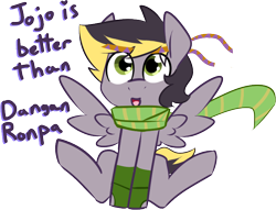 Size: 754x575 | Tagged: safe, artist:kryptchild, imported from derpibooru, oc, oc only, oc:aero, pegasus, pony, clothes, colt, cosplay, costume, femboy, jojo's bizarre adventure, joseph joestar, male, offspring, parent:derpy hooves, parent:oc:warden, parents:canon x oc, parents:warderp, scarf, simple background, solo, transparent background