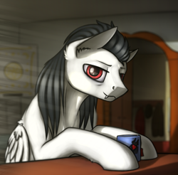 Size: 1211x1194 | Tagged: safe, artist:dipfanken, imported from derpibooru, oc, oc only, bat pony, pony, bar, beverage, crepuscular rays, cup, drink, fangs, looking at you, morning, morning ponies, red eyes, solo