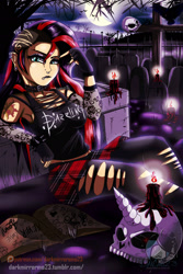 Size: 1280x1920 | Tagged: safe, artist:darkmirroremo23, imported from derpibooru, sunset shimmer, crow, equestria girls, alternative cutie mark placement, bracelet, breasts, busty sunset shimmer, candle, cemetery, clothes, crescent moon, cross, ear piercing, emo, female, fire, gothic, graveyard, halloween, holiday, jewelry, midriff, moon, pantyhose, piercing, pleated skirt, sitting, skirt, skull, solo, spiked wristband, tanktop