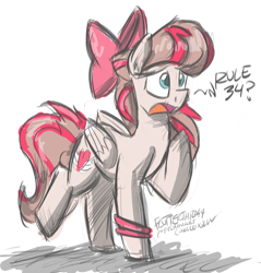 Size: 1521x1590 | Tagged: safe, artist:flutterthrash, imported from derpibooru, angel wings, pegasus, pony, top bolt, 30 minute art challenge, bow, bracelet, confused, dialogue, female, frown, hair bow, jewelry, mare, open mouth, raised leg, solo