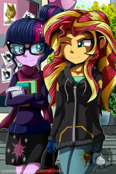 Size: 1280x1920 | Tagged: safe, artist:darkmirroremo23, imported from derpibooru, sci-twi, sunset shimmer, twilight sparkle, equestria girls, friendship games, book, clod, clothes, coat, cutie mark on clothes, duo, female, glasses, hair bun, lesbian, meme, one eye closed, scarf, scitwishimmer, shipping, skirt, smiling, steven universe, sunsetsparkle, walking, watermark, wink, yellow diamond (steven universe)