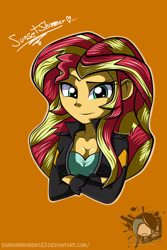 Size: 1280x1920 | Tagged: safe, artist:darkmirroremo23, imported from derpibooru, sunset shimmer, equestria girls, breasts, busty sunset shimmer, cleavage, clothes, crossed arms, female, jacket, leather jacket, looking at you, orange background, simple background, smiling, solo