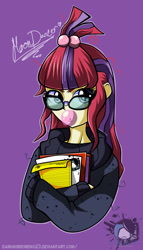 Size: 1097x1920 | Tagged: safe, artist:darkmirroremo23, imported from derpibooru, moondancer, equestria girls, book, bubblegum, clothes, equestria girls-ified, female, food, glasses, gum, paper, simple background, solo, sweater