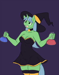 Size: 1100x1400 | Tagged: safe, artist:lurking tyger, imported from derpibooru, oc, oc only, oc:jade, anthro, unicorn, clothes, costume, halloween, nightmare night, solo, witch