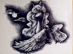 Size: 2500x1853 | Tagged: safe, artist:lililioon, imported from derpibooru, princess luna, alicorn, pony, cloud, female, monochrome, moon, night, solo, traditional art