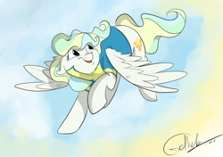 Size: 1280x900 | Tagged: safe, artist:rutkotka, imported from derpibooru, vapor trail, pegasus, pony, top bolt, clothes, female, flying, mare, solo, wonderbolt trainee uniform