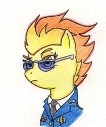 Size: 523x623 | Tagged: safe, artist:kuroneko, imported from derpibooru, spitfire, pegasus, pony, bust, clothes, colored pencil drawing, female, glasses, mare, simple background, solo, traditional art, uniform, white background, wonderbolts dress uniform