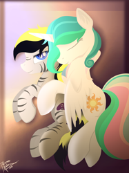 Size: 1224x1638 | Tagged: safe, artist:pedrohander, imported from derpibooru, princess celestia, oc, alicorn, pony, zebra, canon x oc, cuddling, cute, request, shipping, sleeping, spooning