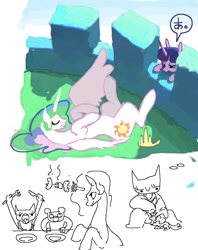 Size: 806x1017 | Tagged: safe, artist:derekireba, imported from derpibooru, princess celestia, twilight sparkle, furry, horses doing horse things, kebab, rolling, shishkebab
