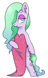 Size: 606x970 | Tagged: safe, artist:oreomonsterr, imported from derpibooru, oc, oc only, oc:pastel flower, pony, bipedal, clothes, cosplay, costume, dress, hair over one eye, jessica rabbit, side slit, solo, watermark, who framed roger rabbit