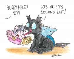 Size: 1808x1425 | Tagged: safe, artist:bobthedalek, imported from derpibooru, princess flurry heart, thorax, alicorn, changeling, pony, the times they are a changeling, cute, cuteling, dialogue, eyes closed, fangs, flurrybetes, hug, levitation, long tongue, magic, offscreen character, open mouth, simple background, sitting, smiling, telekinesis, thorabetes, tongue hold, tongue out, traditional art, white background, wide eyes