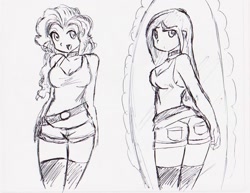 Size: 1328x1024 | Tagged: safe, artist:elgatosabio, imported from derpibooru, pinkamena diane pie, pinkie pie, equestria girls, clothes, duality, female, grayscale, looking at you, monochrome, open mouth, self paradox, shorts, socks, tanktop, thigh highs, traditional art