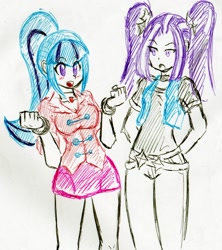 Size: 1601x1799 | Tagged: safe, artist:elgatosabio, imported from derpibooru, aria blaze, sonata dusk, equestria girls, bracelet, breasts, colored, colored pupils, duo, female, jewelry, simple background, traditional art, white background