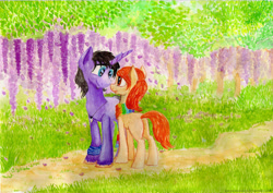 Size: 3496x2471 | Tagged: safe, artist:sanya-mosaica, imported from derpibooru, oc, oc only, forest, love, male, shipping, spring, straight, traditional art
