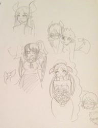 Size: 1583x2066 | Tagged: safe, artist:/d/non, imported from derpibooru, oc, oc only, oc:ash, oc:orion, oc:thistle, satyr, blushing, bouquet, clothes, dress, grumpy, hair bun, horns, parent:princess ember, parent:spike, parent:twilight sparkle, ponytail, schoolgirl, thought bubble, tsundere, wedding dress