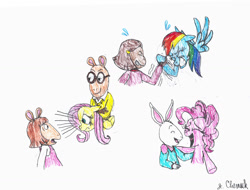 Size: 3289x2497 | Tagged: safe, artist:endlesswire94, imported from derpibooru, fluttershy, pinkie pie, rainbow dash, arm wrestling, arthur, arthur read, buster baxter, crossover, d.w., dw read, francine frensky, gritted teeth, karma, laughing, smirk, straining, struggling, sweat, the stare