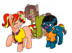 Size: 1280x930 | Tagged: safe, artist:jolliapplegirl, imported from derpibooru, flim, oc, oc only, oc:chocolate cheesecake, oc:sweet deal, oc:tranquil spring, earth pony, pegasus, pony, unicorn, best friends, clothes, cosplay, costume, ed, ed (ed edd n eddy), ed edd n eddy, edd, foal, halloween, next generation, nightmare night, offspring, parent:applejack, parent:cheese sandwich, parent:flim, parent:pinkie pie, parent:quibble pants, parent:rainbow dash, parents:cheesepie, parents:flimjack, parents:quibbledash