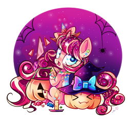 Size: 1200x1142 | Tagged: safe, artist:ipun, imported from derpibooru, oc, oc only, oc:sugar spell, pony, unicorn, candle, food, halloween, hat, heart eyes, holiday, jack-o-lantern, pumpkin, simple background, solo, transparent background, wingding eyes, witch hat