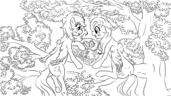 Size: 1024x576 | Tagged: safe, artist:vulthuryol00, imported from derpibooru, fluttershy, rainbow dash, phoenix, black and white, female, flutterdash, grayscale, lesbian, lineart, looking at something, monochrome, naturalist, nest, phoenix egg, shipping, tree