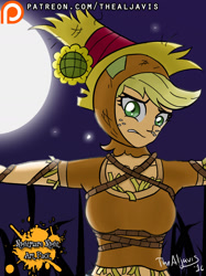 Size: 1280x1707 | Tagged: safe, artist:thealjavis, imported from derpibooru, applejack, equestria girls, luna eclipsed, clothes, costume, female, nightmare night, nightmare night art pack, nightmare night costume, patreon, patreon logo, rope, scarecrow, solo, tied up