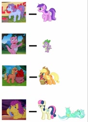 Size: 697x960 | Tagged: safe, imported from derpibooru, amethyst star, applejack, applejack (g1), bon bon, bon bon (g1), lyra heartstrings, sparkler, sparkler (g1), spike, sweetie drops, apple, basket, bon bon is not amused, comparison, eyes closed, food, g1, g4, laughing, lidded eyes, looking back, mouth hold, on back, open mouth, paint, paint can, paintbrush, painting, phone, tongue out, unamused