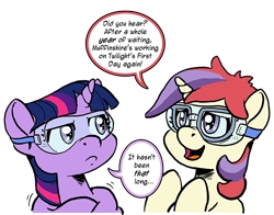 Size: 700x548 | Tagged: safe, artist:muffinshire, imported from derpibooru, moondancer, twilight sparkle, pony, unicorn, comic:twilight's first day, annoyed, bust, dialogue, female, filly, filly moondancer, filly twilight sparkle, frown, glare, goggles, lampshade hanging, open mouth, portrait, pouting, safety goggles, simple background, smiling, transparent background, wip