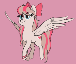 Size: 943x800 | Tagged: safe, artist:sand-filled-scarecrow, deleted from derpibooru, imported from derpibooru, angel wings, pegasus, pony, top bolt, bow, bracelet, cute, flying, hair bow, jewelry, pink background, simple background, smiling, solo, spread wings, wings