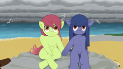 Size: 3840x2160 | Tagged: safe, artist:underwoodart, imported from derpibooru, oc, oc only, oc:artline, oc:cosmia nebula, earth pony, beach, commission, earth pony oc, holding hooves, looking at you, ocean, sitting, staring at you, staring into your soul, storm