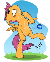 Size: 1080x1350 | Tagged: safe, artist:14dreamer, imported from derpibooru, scootaloo, pegasus, pony, bipedal, fail, female, on one hoof, solo, standing, standing on one leg, tangled up, yo-yo