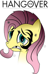 Size: 1446x2210 | Tagged: safe, artist:shysolid, imported from derpibooru, fluttershy, abuse, bruised, bust, female, flutterbuse, gap teeth, parody, portrait, simple background, solo, the hangover, title, transparent background