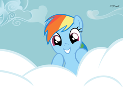 Size: 1052x744 | Tagged: safe, artist:thumperlikestoast, imported from derpibooru, rainbow dash, friendship is magic, cloud, cute, dashabetes, female, grin, smiling, solo