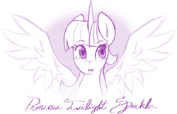 Size: 800x515 | Tagged: safe, artist:eindev, imported from derpibooru, twilight sparkle, alicorn, pony, :d, blushing, bust, caption, colored pupils, female, monochrome, simple background, solo, spread wings, twilight sparkle (alicorn), white background