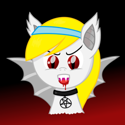 Size: 1280x1280 | Tagged: safe, artist:vitalspark, imported from derpibooru, oc, oc only, oc:june, bat pony, pony, vampire, bat ponified, blood, bust, collar, dark background, fangs, gradient background, pentagram, portrait, race swap, solo, spread wings