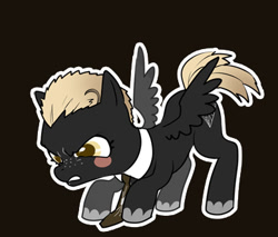 Size: 390x333 | Tagged: safe, artist:牛【仕事募集中】, imported from derpibooru, oc, oc only, pony, blush sticker, blushing, brown background, colored pupils, danganronpa, danganronpa 2, fuyuhiko kuzuryuu, looking down, pixiv, ponified, simple background, solo, spread wings