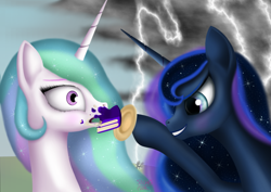 Size: 4960x3508 | Tagged: safe, artist:sstab29, imported from derpibooru, princess celestia, princess luna, cake, food, lightning