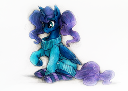 Size: 1188x844 | Tagged: safe, artist:buttersprinkle, imported from derpibooru, princess luna, alternate hairstyle, clothes, cute, female, looking down, lunabetes, oversized clothes, pigtails, simple background, sitting, socks, solo, striped socks, sweater, traditional art, white background