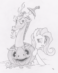 Size: 801x1000 | Tagged: safe, artist:dfectivedvice, imported from derpibooru, discord, fluttershy, duo, food, grayscale, halloween, jack-o-lantern, monochrome, pumpkin