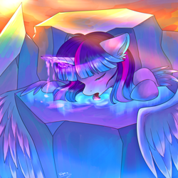 Size: 900x900 | Tagged: safe, artist:jacky-bunny, imported from derpibooru, twilight sparkle, alicorn, pony, female, ice, licking, magic, solo, tongue out, twilight sparkle (alicorn), water