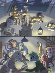 Size: 3000x4000 | Tagged: safe, artist:sourcherry, imported from derpibooru, derpy hooves, oc, oc:bright flush, oc:cookie dough jojo, oc:fortune strike, oc:npc, oc:spring, oc:valkyrie, classical hippogriff, earth pony, hippogriff, pony, unicorn, hoofwrestle, hug, night, teapot, winter outfit