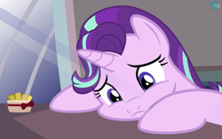 Size: 2565x1610 | Tagged: safe, artist:arifproject, imported from derpibooru, starlight glimmer, pony, boutique depression, exotic butters, female, five nights at freddy's: sister location, looking down, sad, sister location, solo, squishy cheeks, unhappy