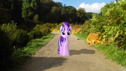 Size: 1920x1080 | Tagged: safe, artist:harpycross, imported from derpibooru, starlight glimmer, exploring, forest, hiking, irl, path, photo, photoshop, ponies in real life, smiling, solo, vector, walking