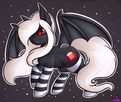 Size: 2696x2267 | Tagged: safe, artist:ashee, imported from derpibooru, oc, oc only, oc:midnight ruby, bat pony, pony, blushing, clothes, fangs, red eyes, socks, solo, spread wings, striped socks