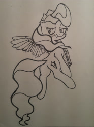 Size: 2988x4030 | Tagged: safe, artist:mang, imported from derpibooru, vapor trail, pegasus, pony, top bolt, blushing, butt, female, inktober, looking back, mare, monochrome, open mouth, plot, solo, traditional art, trailbutt