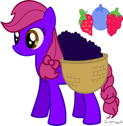 Size: 1596x1628 | Tagged: safe, artist:thumperlikestoast, imported from derpibooru, oc, oc only, oc:berry bumpkin, basket, blueberry, food, saddle basket, solo