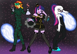 Size: 1754x1240 | Tagged: safe, alternate version, artist:linedraweer, imported from derpibooru, sci-twi, sunset shimmer, twilight sparkle, oc, oc:mez-mare-a, equestria girls, clothes, commission, costume, halloween, scientist, spider-gwen, twolight